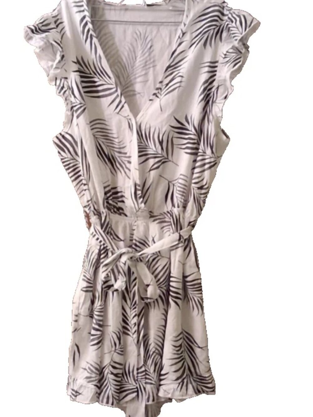 Womens Size XL Black White Print Ruffle Cap Sleeve & Hem Tie Waist V-Neck Romper